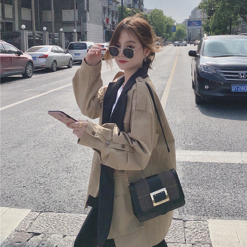 [EWQ] New Autumn Full Sleeve Notched Pocket Drawstring Wild Coat Fashion Women Jackets Safari Style Loose Patchwork LJ201128
