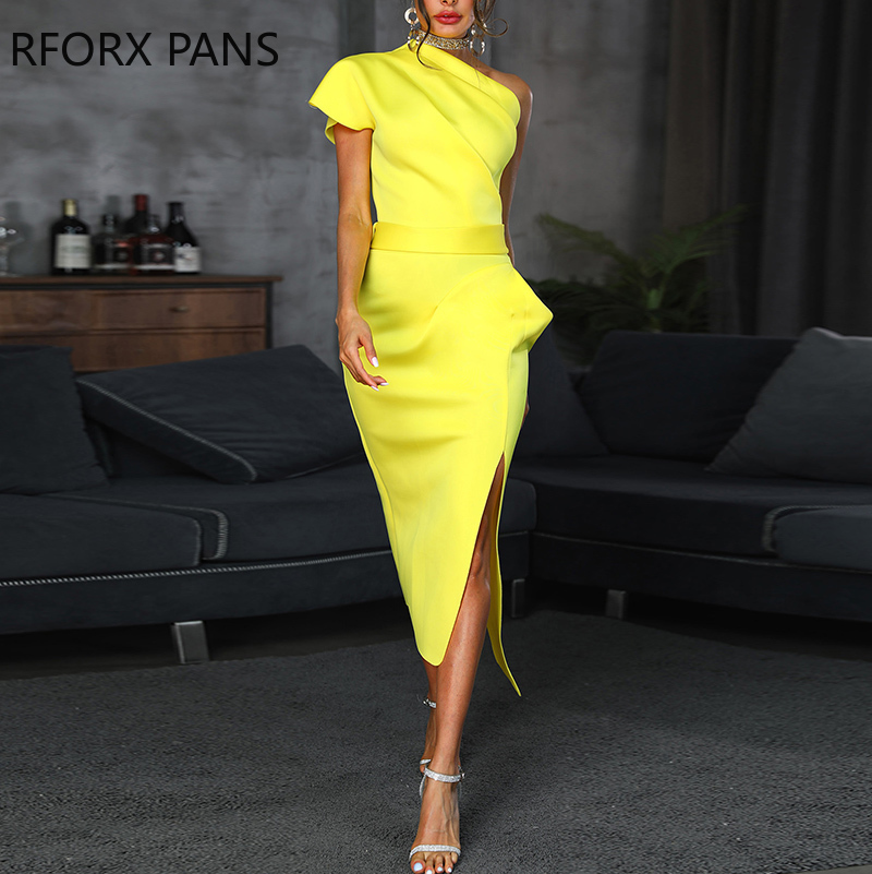 One Shoulder Ruched Irregular Party Dress Office Lady Look Women Dress T200604