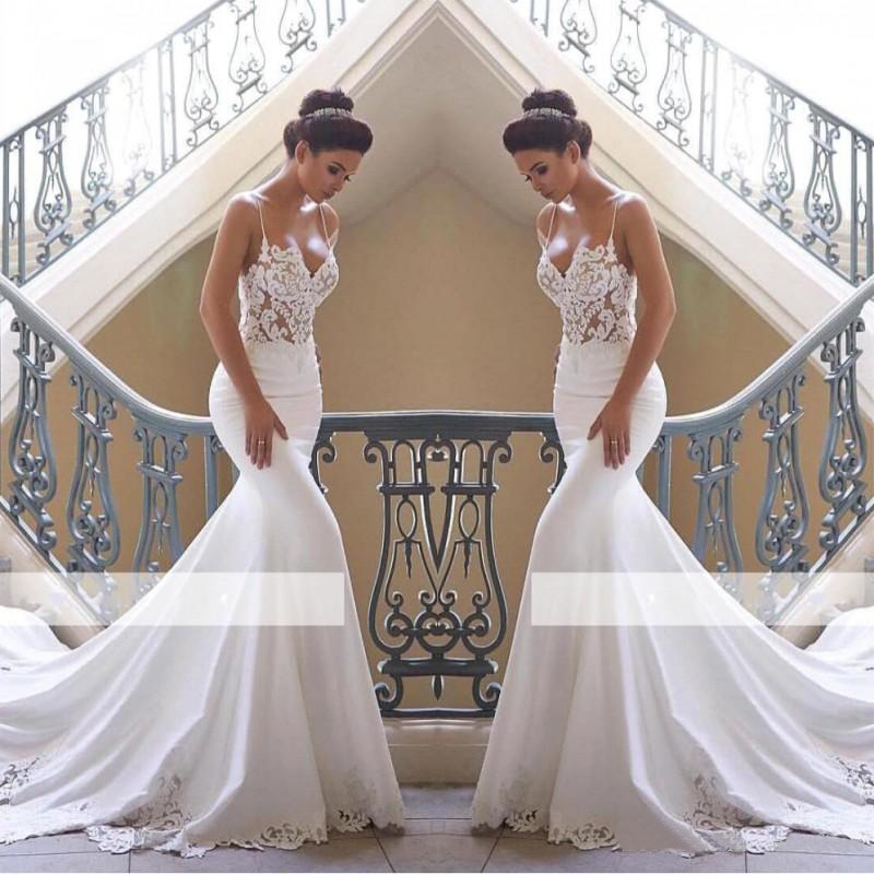 2022 Chiffon Beach Dresses Spaghetti Straps Mermaid Lace Applique Custom Made Bridal Dress Backless Wedding Gowns 0509