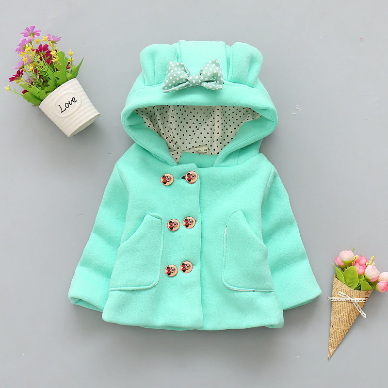 Girls casual thick woolen coats Children's hooded shirt bow pocket double-breasted outerwear Baby kids wam jackets clothes LJ200828