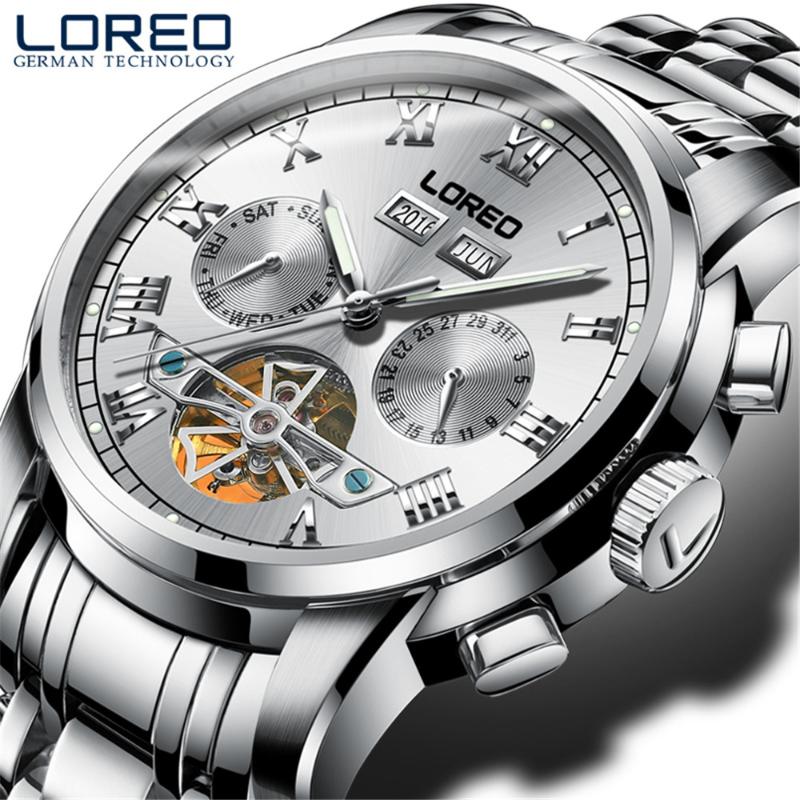 

LOREO Mechanical Watch Men 50M diving Men Watches Tourbillon Skeleton Wrist Sapphire Automatic Watch Waterproof, Gold