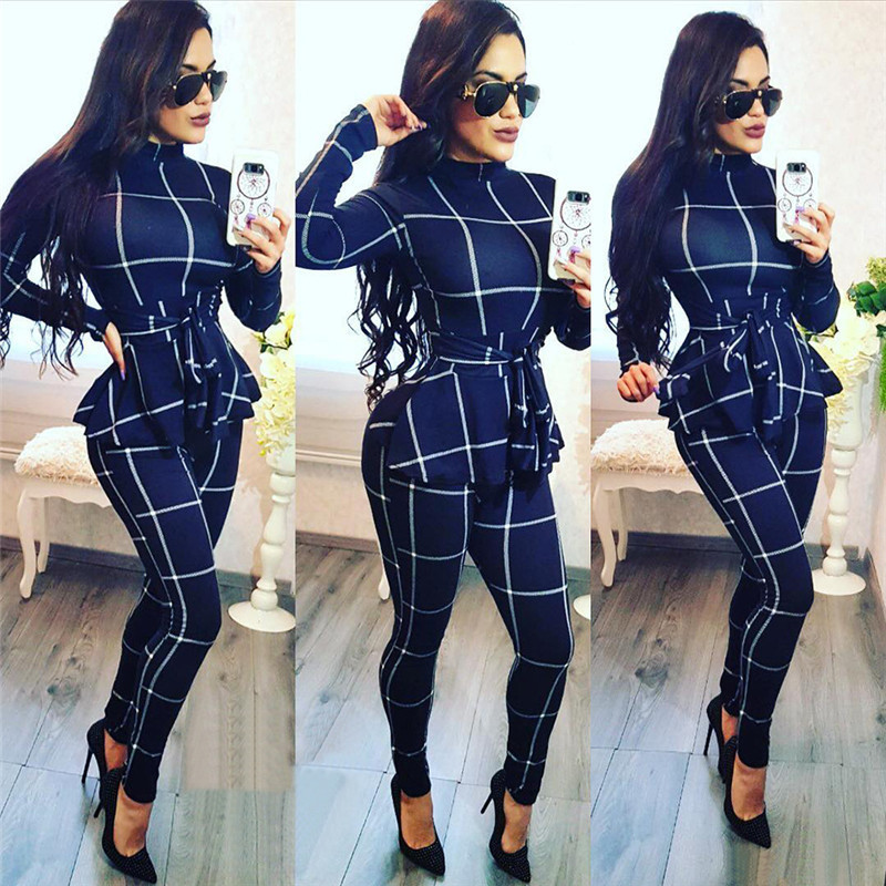 Plaid Print Bodycon Jumpsuit Women Turtleneck Long Sleeve Peplum One Piece Overalls Skinny Party Casual Romper Catsuit Sashes T200107