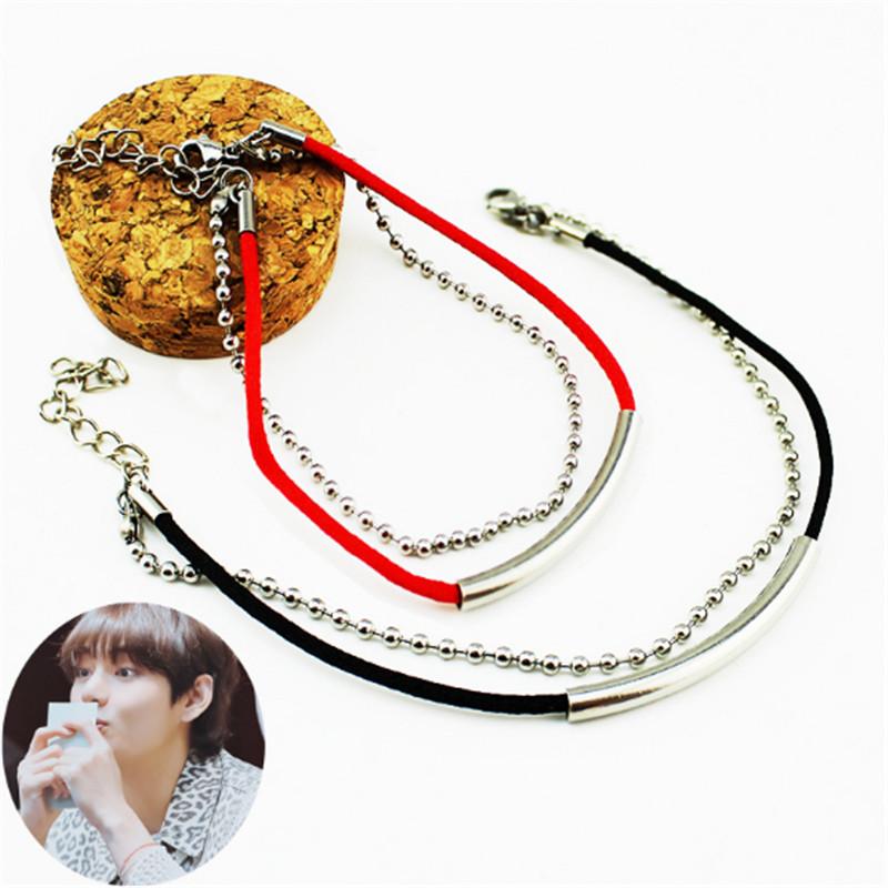Charm Bracelets Kpop JUNGKOOK V Red Black Rope Chain For Women Titanium Steel Tube Double Bracelet Jewelry