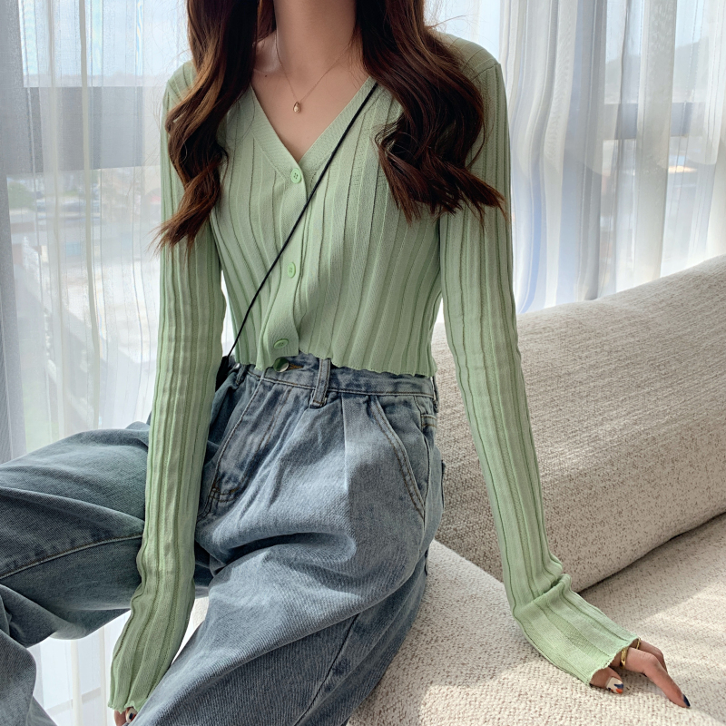 White V-neck Sweater Long Sleeve Women's Autumn New Slim Fit Cardigan Thin Coat 201031