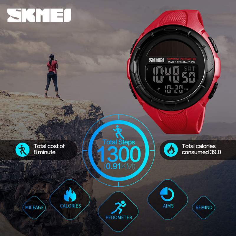 SKMEI Compass Solar Watches Mens Pedometer Calories Wristwatches Men Digital Outdoor Sport Alarm Hour Chrono reloj hombre 1488 210203