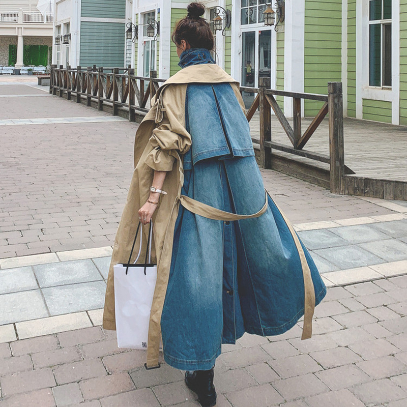 [DEAT] New Autumn Fashion Women's Trench Coat Casual Denim Patchwork Full Sleeve Double Lapel Collar Loose With Belt TX159 201028
