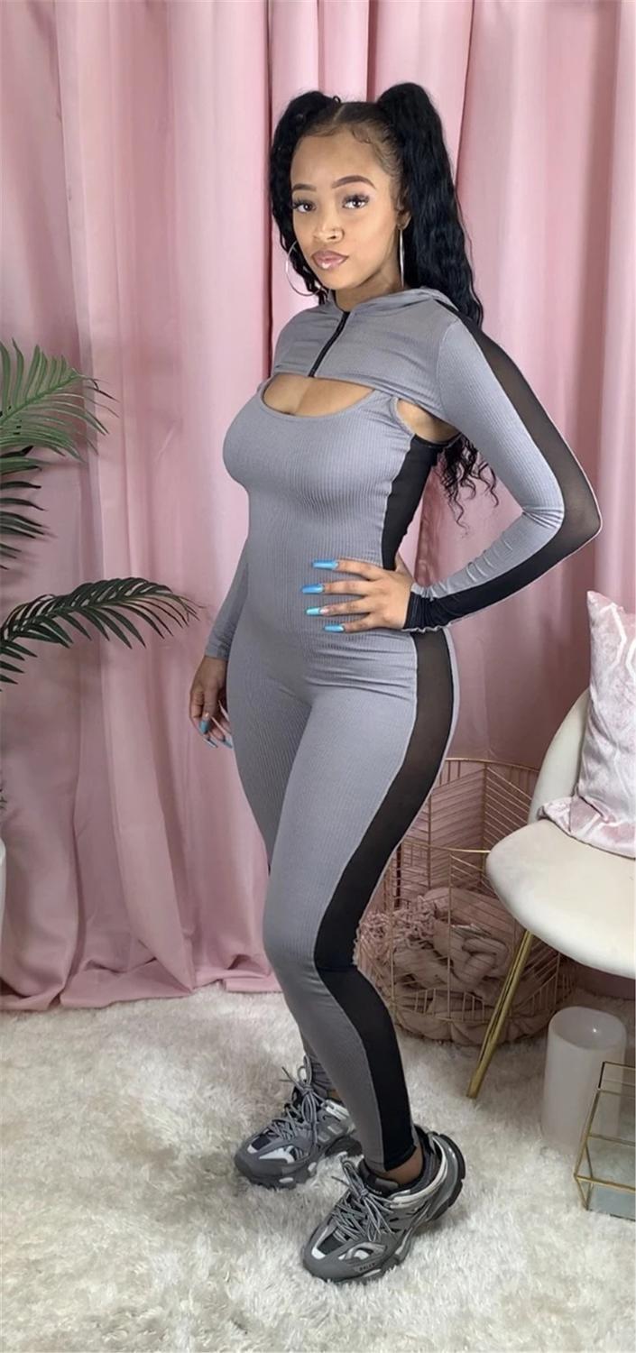 Tsuretobe Sexy 2 Piece Set Women Bandage Rompers Hooded Crop Top With Zipper Patchwork Jumpsuits Ribbed Fall Clothes For Women 201007