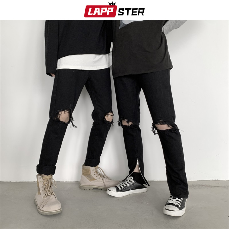 LAPPSTER Men Hip Hop Black Ripped Jeans Male Korean Streetwear Skinny Denim Pants Male Fashions High Waist Distressed Jeans 201123