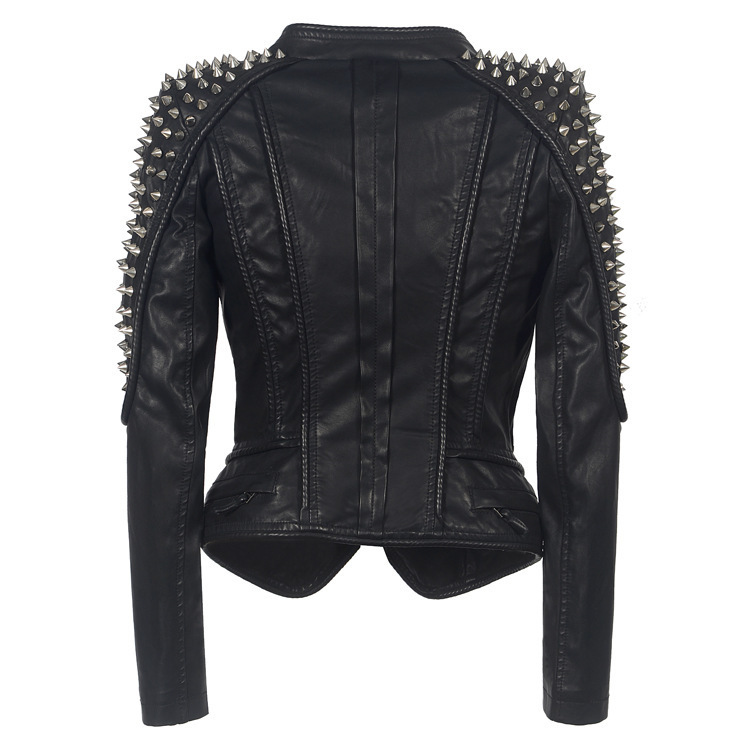 Women Leather Jacket New Spikes Stars Slim Bi-metal Silver Rivet Metallic Jacket PU Punk Biker Leather Coats SX01 Y201006