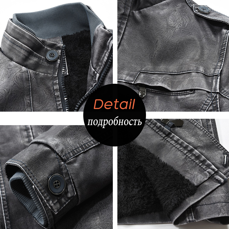 Oumor Men Winter Casual Long Thick Fleece Leather Jacket Parkas Men Outfit Warm Vintage Pockets Faux Leather Jacket Coat Men 201127
