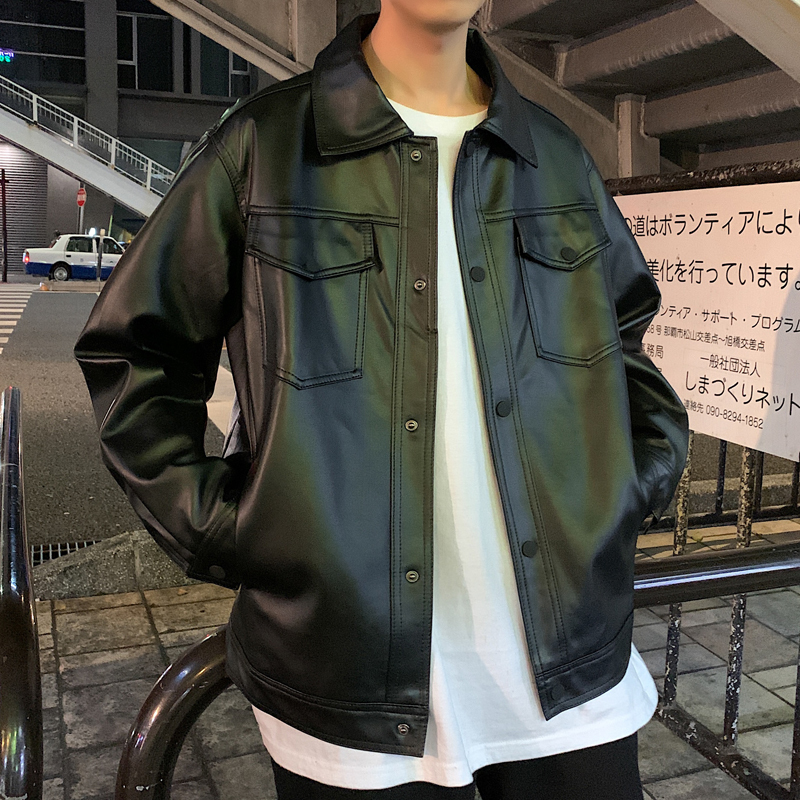 Spring New Loose Soft Single Breasted Casual Biker Men Jacket Leather 201123