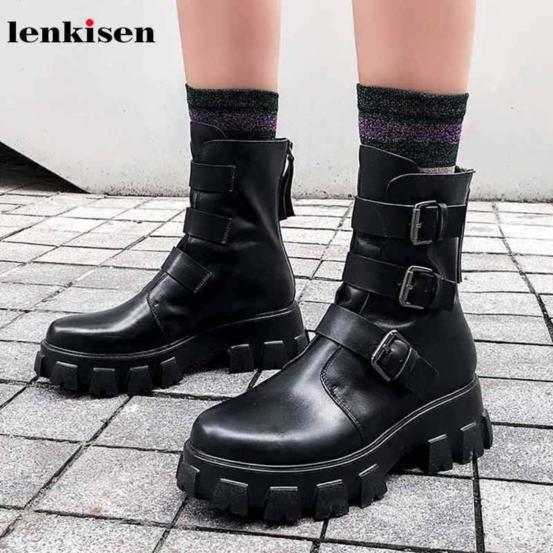 Lenkisen thick bottom genuine leather round toe high heels rock punk buckle straps keep warm winter women black ankle boots L721, Black1
Lenkisen thick bottom genuine leather round toe high heels rock punk buckle straps keep warm winter women black ankle boots L721, Black1