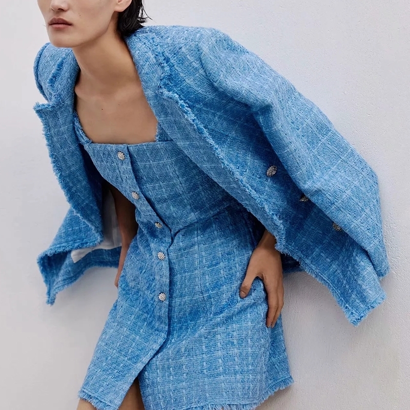 tweed women elegant blue blazers fashion ladies vintage loose blazer jackets casual female streetwear suits girls chic