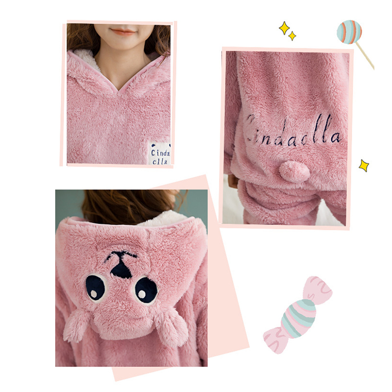 July's SONG Cute Winter Flannel Pamas Set Women's Sleepwear Thick Plush Animal Cartoon Warm Girl Plus Veet Hooded Homewear 201217