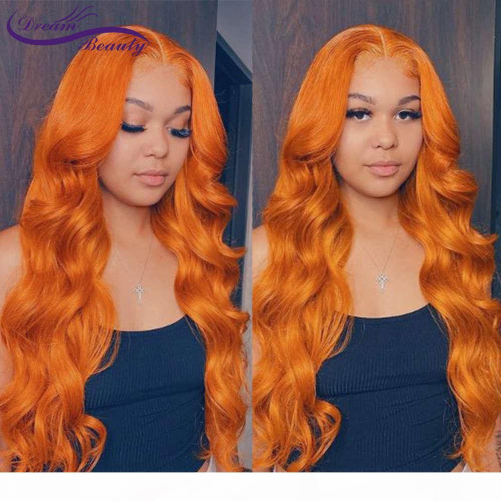 

Orange Ginger Color 13x6 Front Pre Plucked Brazilian Wavy Human Hair Glueless 180% Density Remy Lace Frontal Wigs, Ombre color