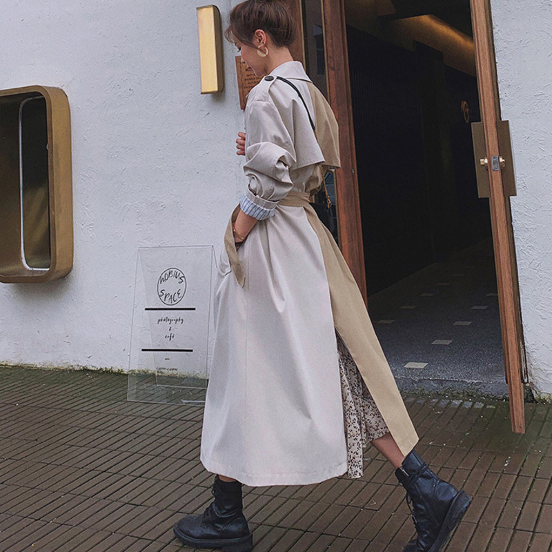 [DEAT] Women's Coat Hit Color Lacing Slim Full Sleeve Over Long Wild Loose Casual Trench New Autumn Fashion Clothing AM791 201211