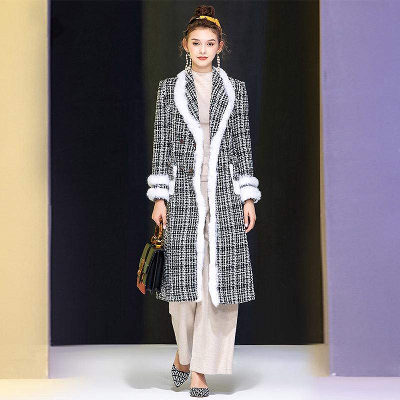 and American women' color matching Plaid tweed matching fur Edge Diamond button overcoat medium length coat, See chart
and American women' color matching Plaid tweed matching fur Edge Diamond button overcoat medium length coat, See chart