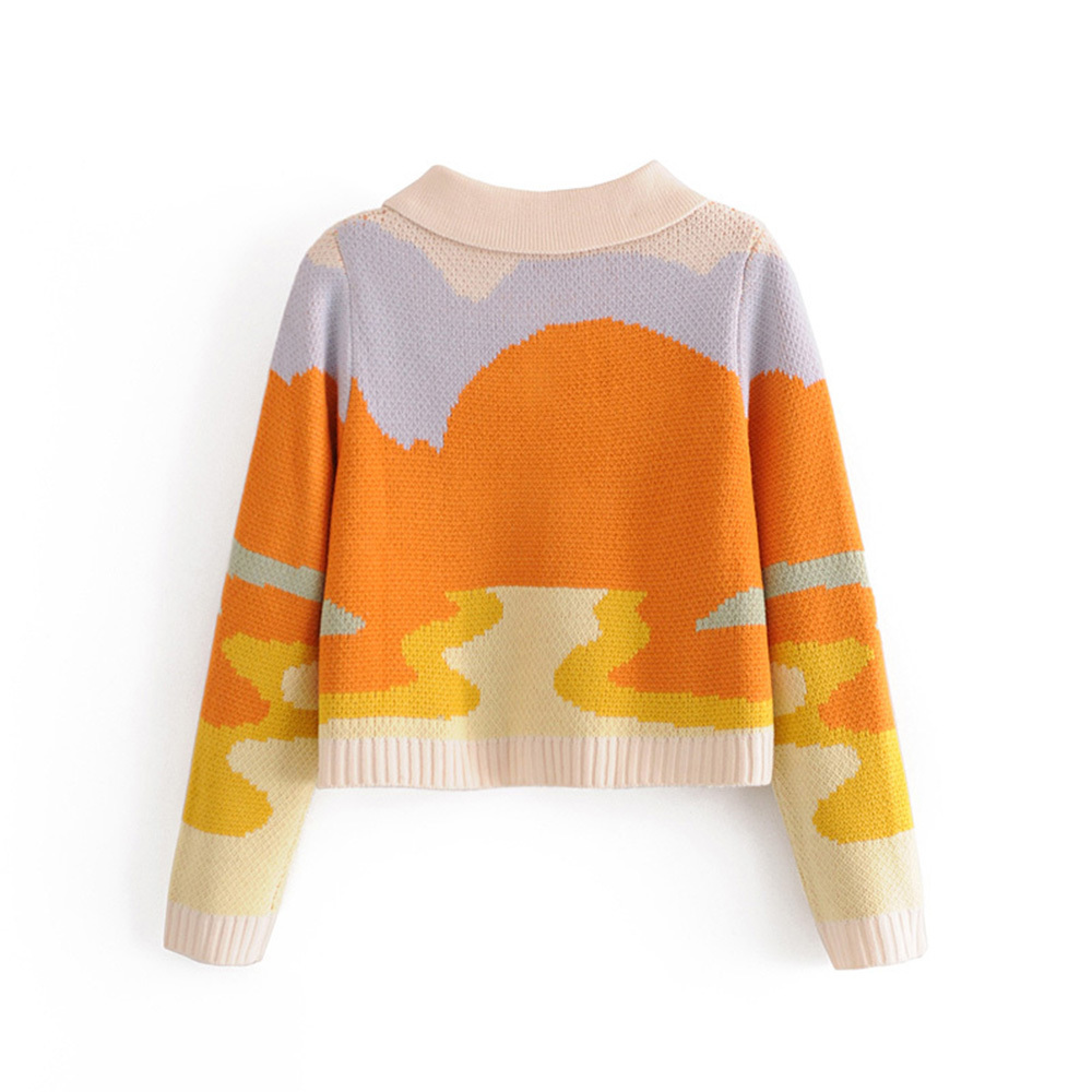 Women's Sweater Colourful Patchwork Button Turn-Down Collar Long Sleeve Sweater Fashion Casual Female Tops 201222