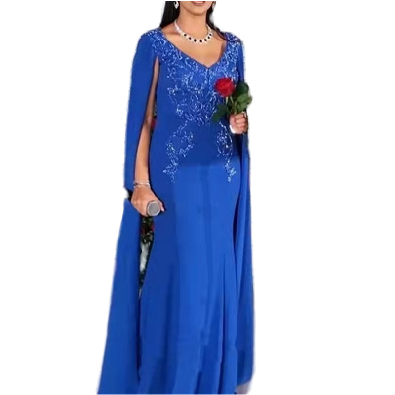 Elegant Royal Blue Mermaid Evening Dresses For Women 2024 Split Long Sleeve Lace Appliques Formal Party Gowns V-Neck Arabic Dubai Mother Special Occas