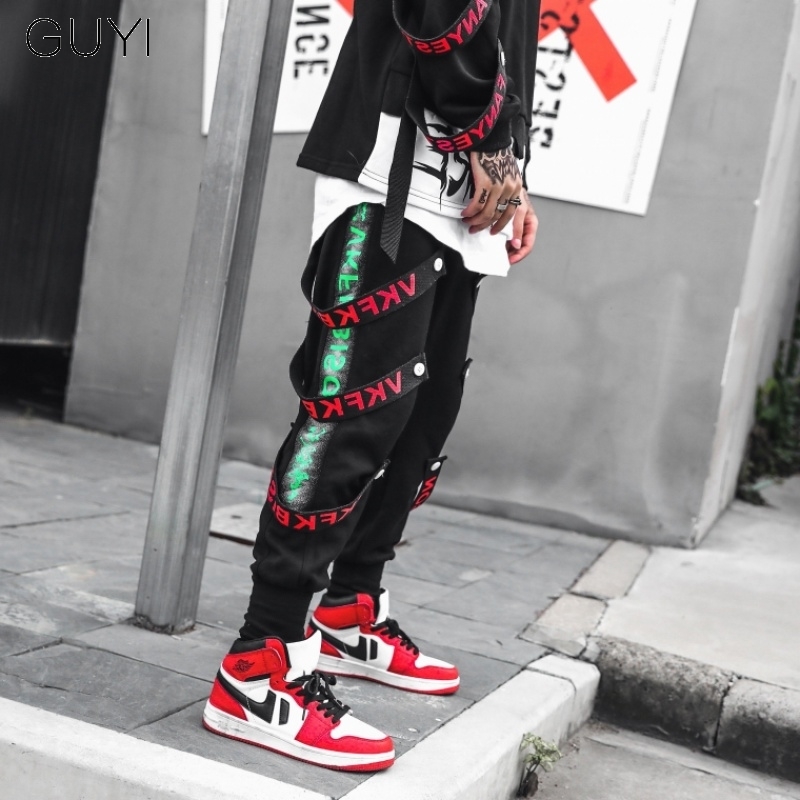 Letter Ribbons Hip Hop Pants for Men Joggers Casual Streetwear Vintage Harem Pants Male Trousers Cargo Sport Men's Black Pants 201027