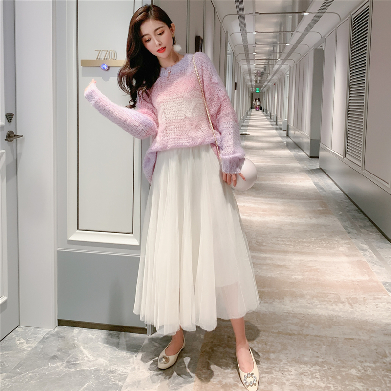Rainbow Gradient Color Long sleeves Loose Oversized Sweater Spring Knitted Sweaters Thin Women Sweaters And Skirts 1623A 201221