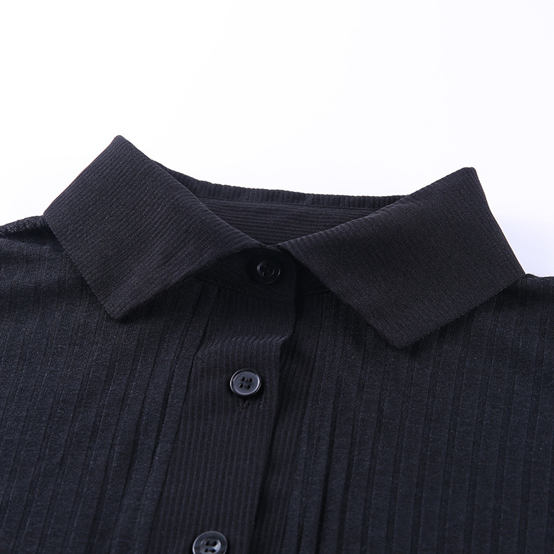 FASHSTREET Sexy New Black Knitted See Through Elastic Blouse Women Turndown Collar Long Sleeve Slim Shirt Party Streetwear 201201