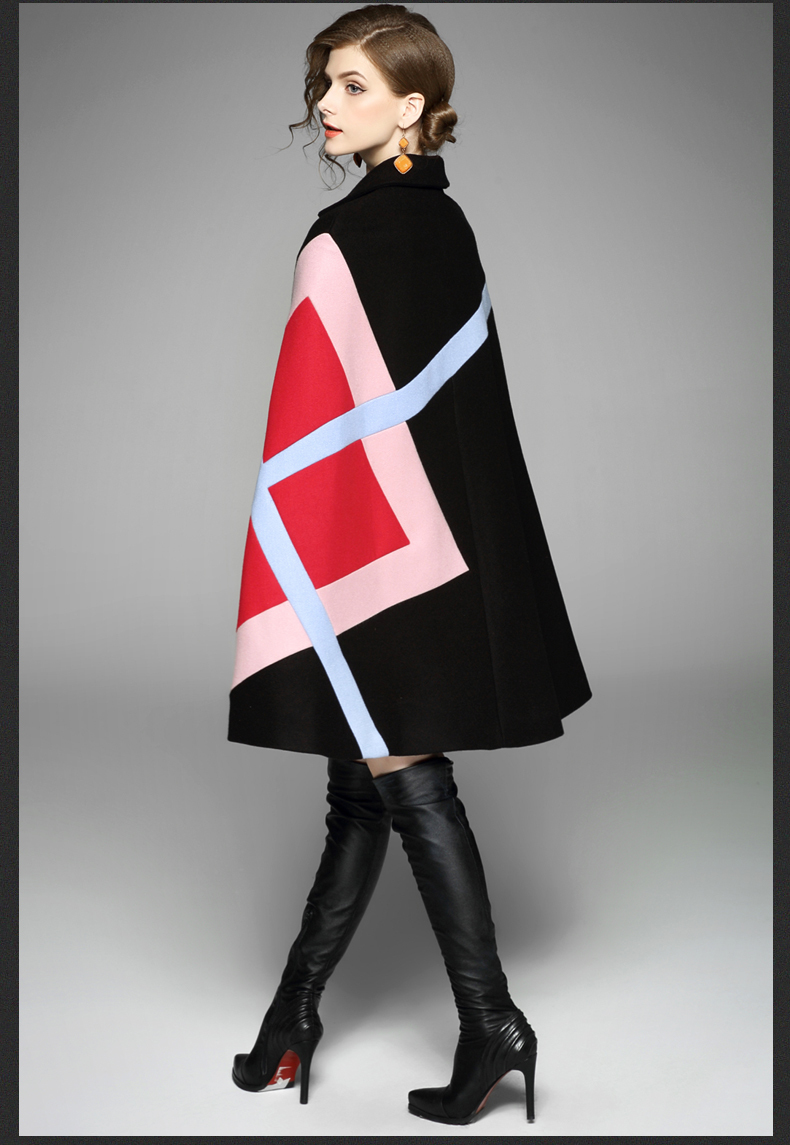 Runway Autumn Winter Women Cloak Poncho lapel Wool Blends Coat Geometric Patchwork Batwing Sleeve Tweed Cape Outerwear 201210
