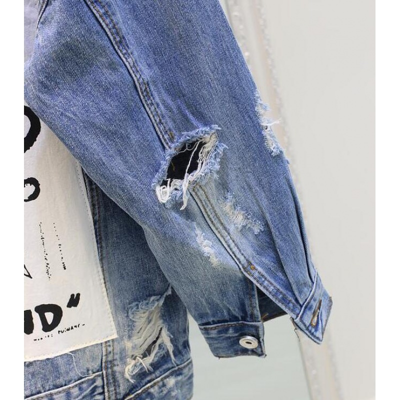 RUGOD Basic Coat Bombers Vintage Fabric Patchwork Denim Jacket Women Cowboy Jeans Autumn Frayed Ripped Hole Jean Jacket 201106