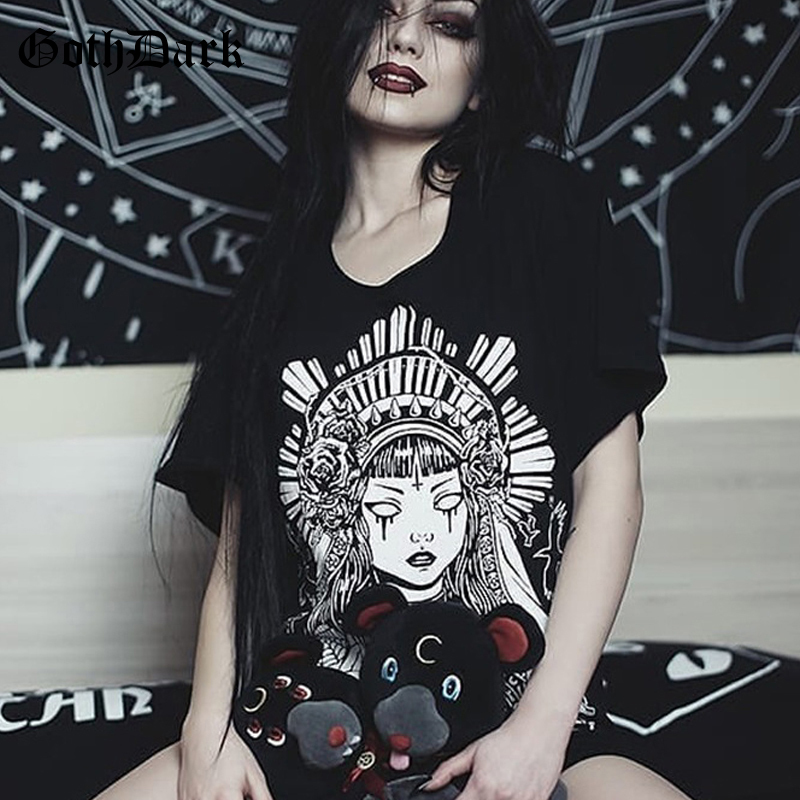 Goth Dark Grunge Black Print T-shirts Gothic Loose Punk Harajuku Streetwear Summer 2019 T-shirt Female Fashion Aesthetic T shirt T200107