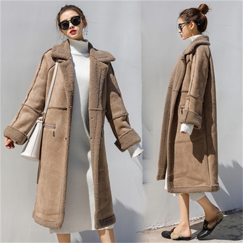 Korea Winter Women Faux Sheepskin Suede Suede Coat Thick Coat Flocking Wool Women's Long Leather Coats Plus Size Outerwear 201020