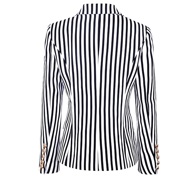 PYJTRL Women Autumn Winter Double-breasted Classic Striped Slim Suit Jacket Navy Blue Black Fashion Street-Wear Printed Blazers 201106