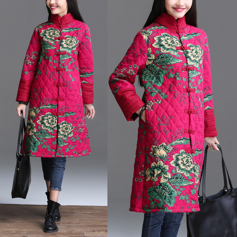 Chinese Red Floral Women Winter Warm Long Jacket Vintage Padded Coat Female Blue Flower Winter Quilted Parka Ladies Windbreaker 201217