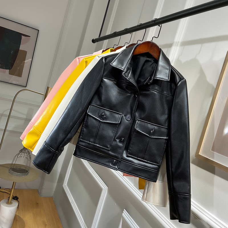 spring Faux leather jacket coats women motorcycle black cool PU leather bomber jacket female short lapels ladies outerwear 201030