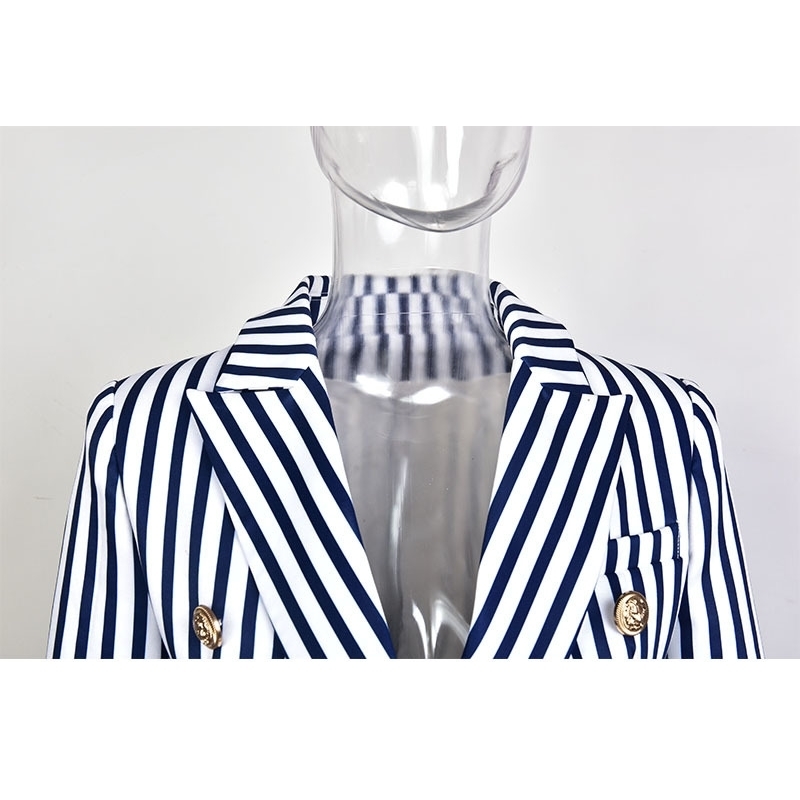 PYJTRL Women Autumn Winter Double-breasted Classic Striped Slim Suit Jacket Navy Blue Black Fashion Street-Wear Printed Blazers 201106