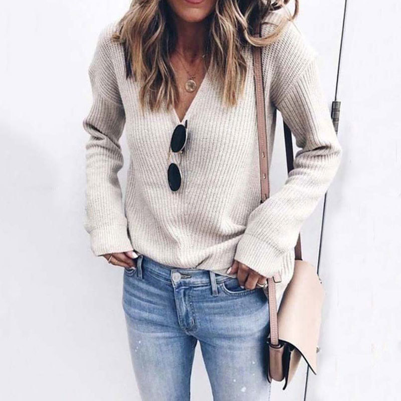 Autumn V Neck Jumper Ladies Knit Plus Size Sweaters For Women Long Sleeve Loose Knited Sweater Female 201203