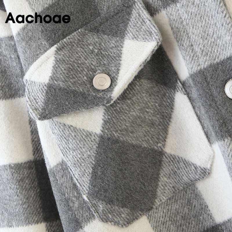 Aachoae Women Vintage Tweed Plaid Shirt Jacket Long Sleeve Single Breasted Coat With Pockets Turn Down Collar Ladies Jackets 201112
