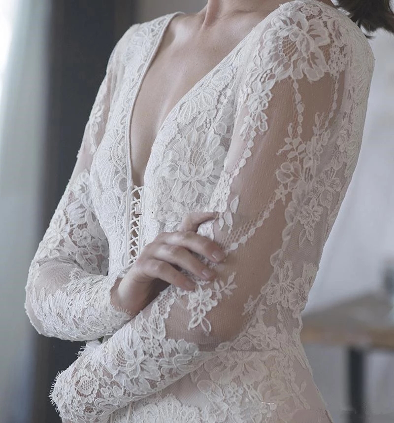 Vintage Lace Floral 1920s' Mermaid Long Sleeve Wedding Dresses With Pearls V-neck Sweep Train Country Bridal gown lihi hod