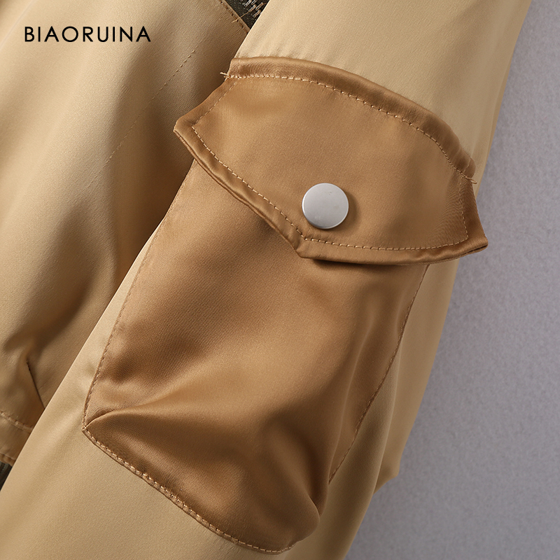 BIAORUINA Women Khaki Patchwork Smooth Thick Short Jacket Female Autumn Winter Bomber Jacket Stnad Collar Oversized Coat 201023