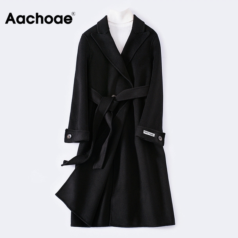 Aachoae Solid Color 100% Wool Long Coat Women Loose Casual Long Sleeve Sashes Outerwear Double Breasted Chic Ladies Overcoat 201216