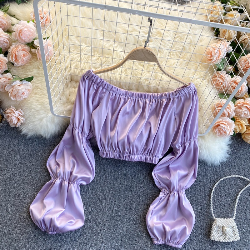 2021 New Sexy slash neck women's blouse spring puff elastic ruched tops solid short shirts in style VSLY, Khaki.
2021 New Sexy slash neck women's blouse spring puff elastic ruched tops solid short shirts in style VSLY, Khaki.