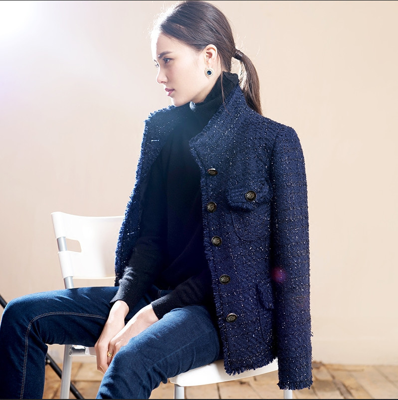 Navy blue tweed jacket spring / autumn /winter women's jacket coat classic ladies wild ladies bright wire braided tweed jacket 201127