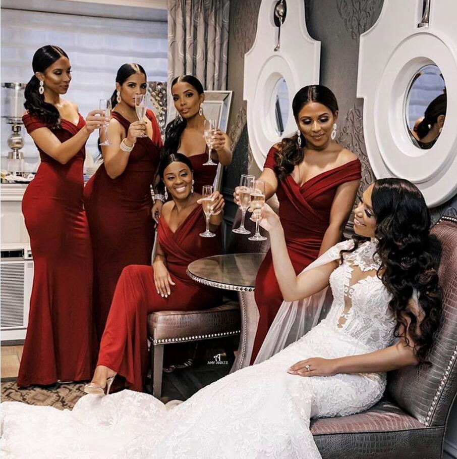 Africa Bridesmaid Dresses 2021 New Burgundy Mermaid Off Shoulder Mixed Order Wedding Party Guest Gown Junior Maid of Honor Dress Cheap