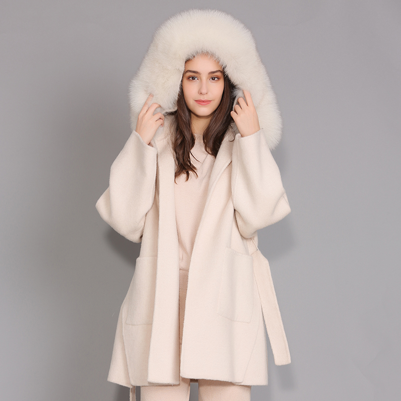Cashmere Jacket Women Detachable Fox Fur Collar Wool Blend Coat and Jacket Belt Ladies Autumn Winter Cashmere Overcoat 201222