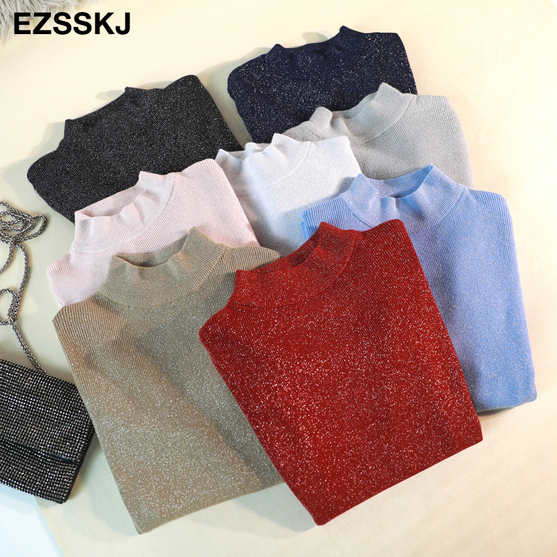 Shiny Lurex High Neck Long Sleeve Pullover Sweater For Women - Autumn Winter 2024 B3