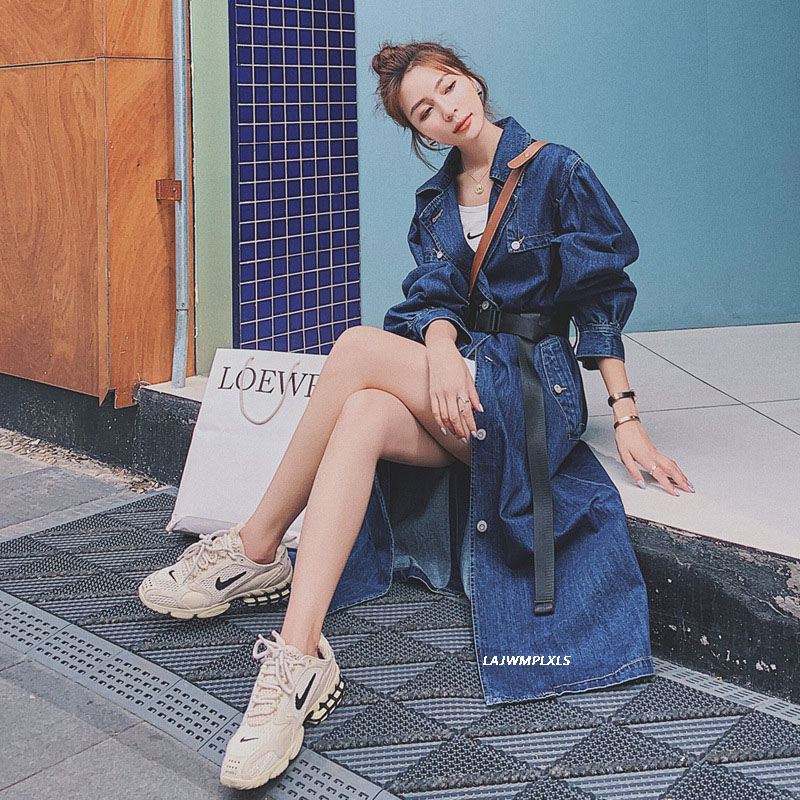 Denim Windbreaker women Autumn New Lady Trench Coat Fashion Lapel Single-breasted long length Jean Overcoat Women with belt T200828