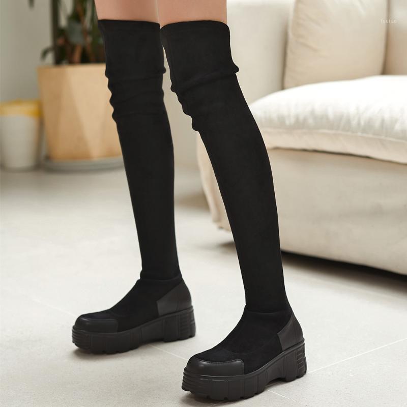 Women's genuine leather stretch flock patchwork slip-on thick sole platform flats over the knee boots black slim long boots shoe1
Women's genuine leather stretch flock patchwork slip-on thick sole platform flats over the knee boots black slim long boots shoe1
