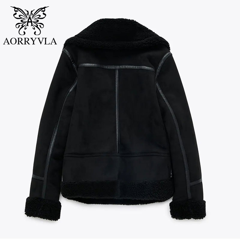 AORRYVLA New Fashion Suede Sheepskin Coat For Women Winter Full Sleeve Turn Down Collar Faux Leather Lambswool Biker Jacket 201030
