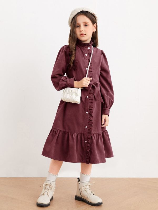 Girls Button Front Tie Front Ruffle Hem Dress SHE