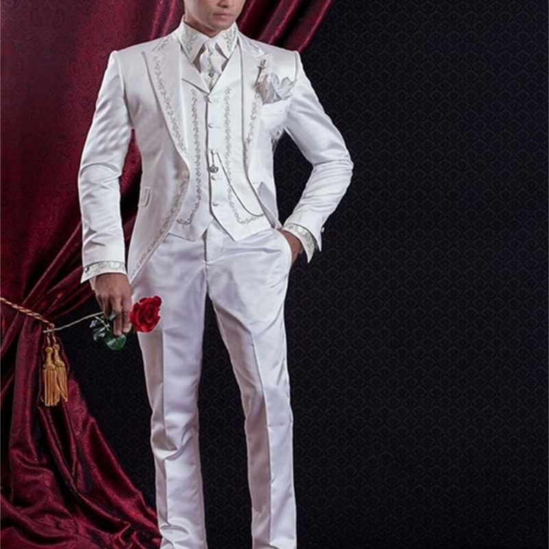Classic Style Golden Embroidery Groom Tuxedos White Groomsmen Men's Wedding Prom Suits Blazer With Pants (Jacket+Pants+Vest) Y201026