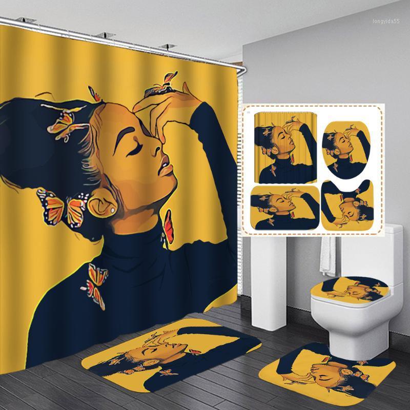 

Bipoobee Africa American Women Yellow Shower Curtain Butterfly Girl Non-Slip Rug Toilet Lid Cover and Bath Mat Bathroom Curtains1